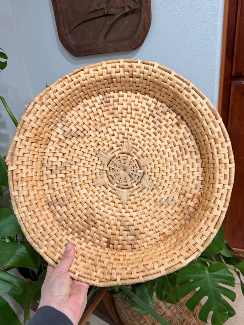 Vintage Woven Basket Tray Round Boho Wall Decor Natural Fiber